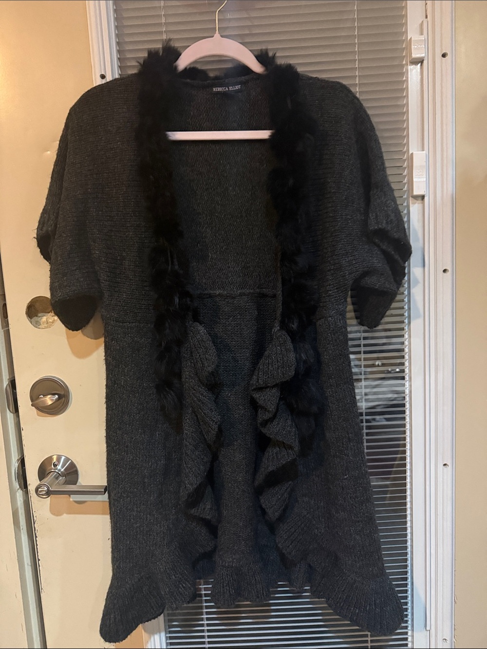 Rebecca Taylor Charcoal Knit Open-Front Coatigan with Faux Fur Trim